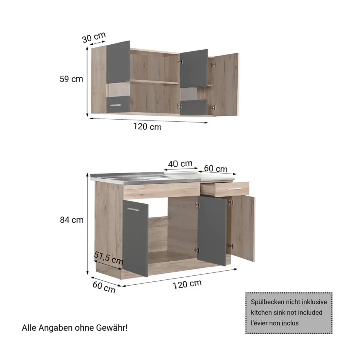 Küchenmöbel 120 cm Breite - Kücheneinheit mit zwei Küchenzeilen - Farbe: Natur-Grau