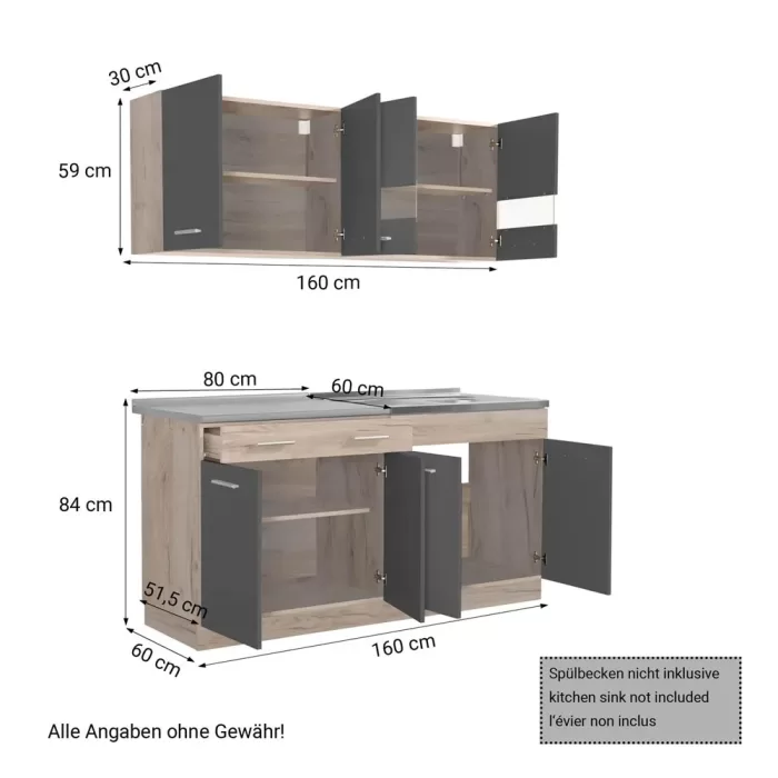 Küchenblock 160 cm Breite - Modulküche mit Oberschränken und Unterschränken - Farbe: Natur-Grau