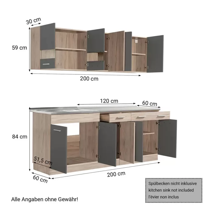 Modulküche 200 cm Breite – Küchenzeile mit Hängeschränken und Unterschränken – Farbe: Natur-Grau