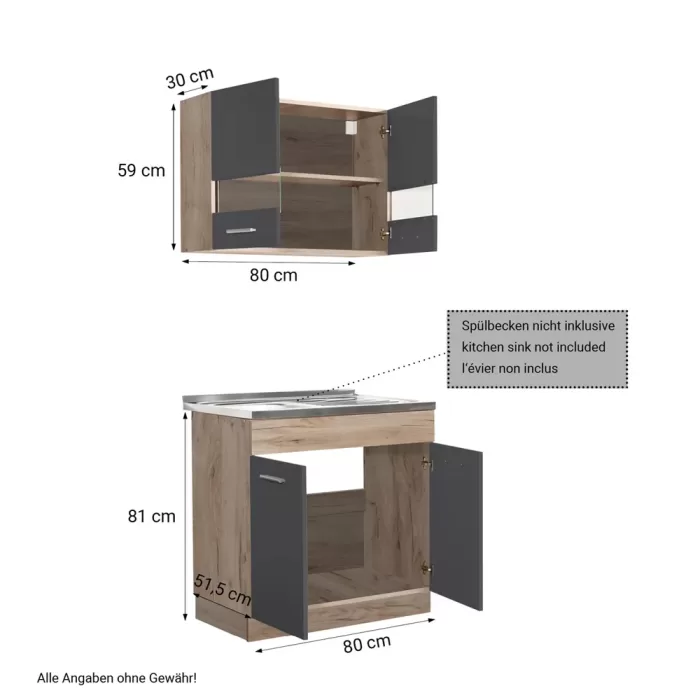 Kücheneinheit 80 cm Breite - Unterschrank und Oberschrank mit einem Glaselement - Farbe: Natur-Grau