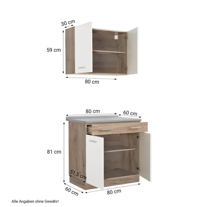 Küchenmodule 80 cm Breite - Oberschrank und Unterschrank mit Arbeitsplatte - Farbe: Natur-Weiß