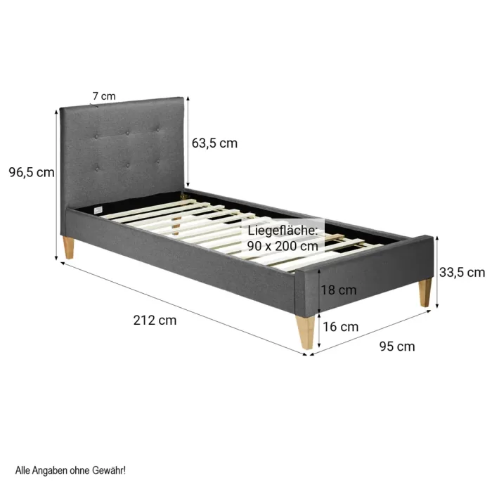 Polsterbett 90x200 mit hohem Kopfrahmen - Einzelbett mit Matratze - Farbe: Grau