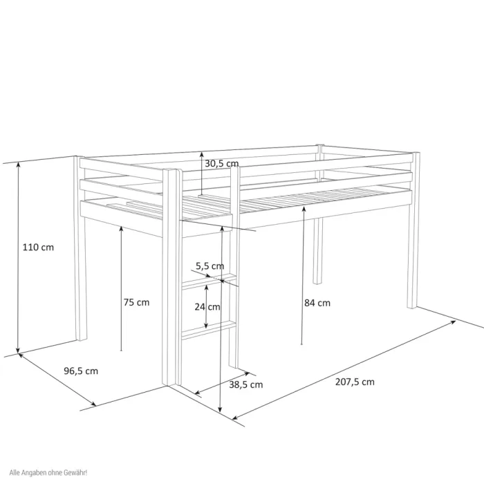 Kinderbett 90x200 - Hochbett mit Leiter - Farbe: Weiß