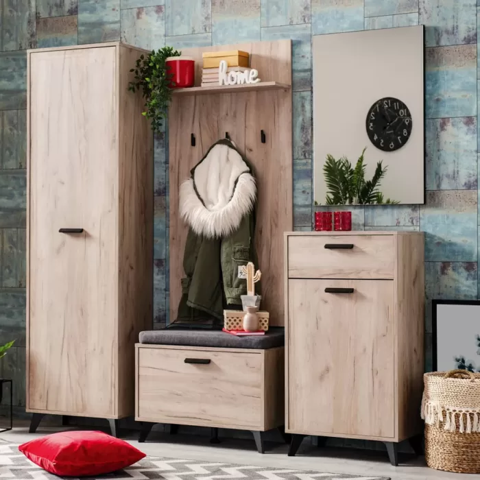 Flurgarderobe Set 5-teilig - Garderobe im Industrial Style – Farbe: Natur Grau