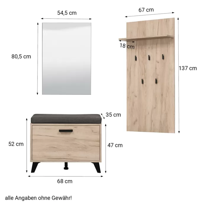 Flurgarderobe Set 5-teilig - Garderobe im Industrial Style – Farbe: Natur Grau