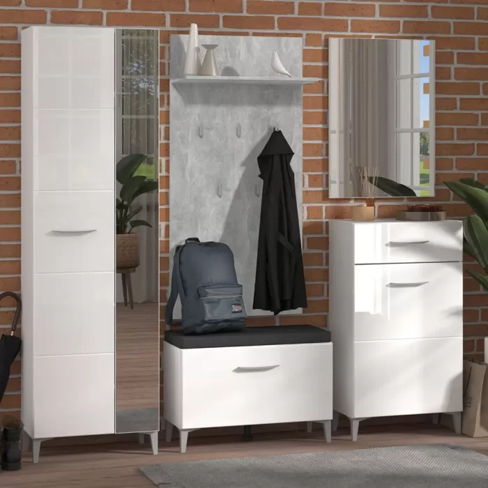 Flurgarderobe Set 5-teilig - Hochglanz Garderobe in Betonoptik – Farbe: Weiß