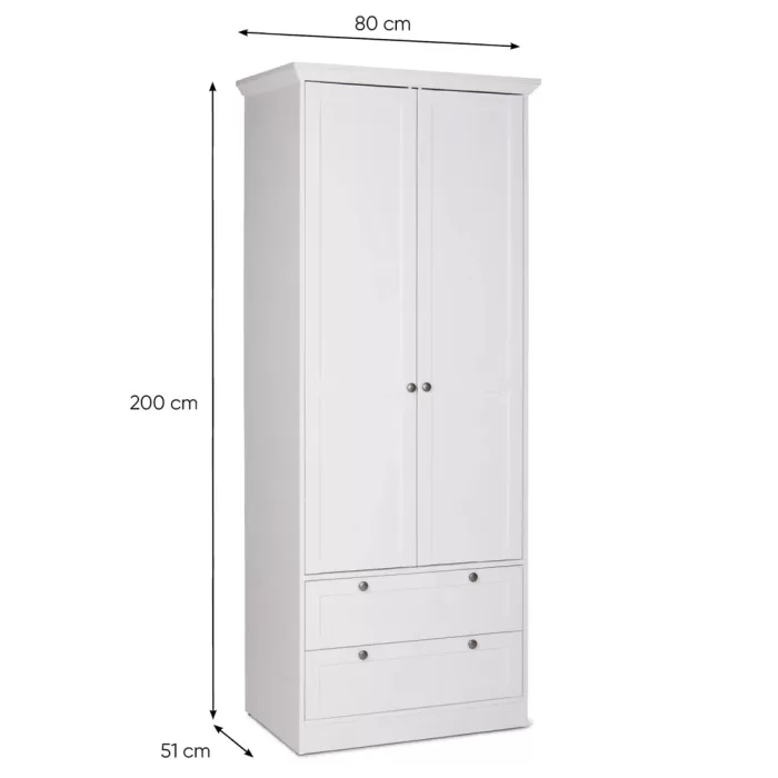 Schrank 80 cm Breite - Kleiderschrank mit zwei Schubkästen – Farbe: Weiß