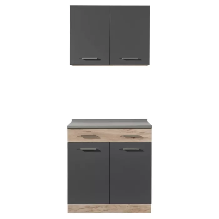 Küchenmodule 80 cm Breite - Oberschrank und Unterschrank mit Arbeitsplatte - Farbe: Natur-Grau