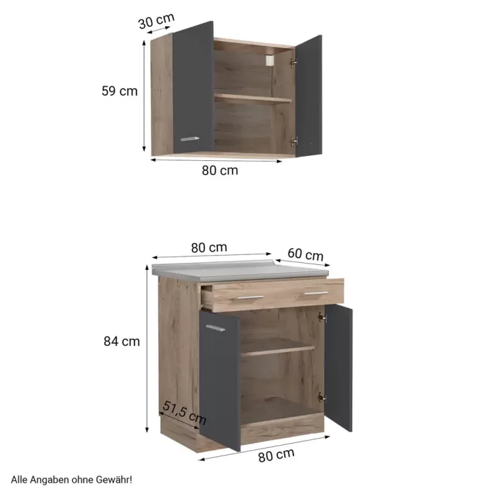 Küchenmodule 80 cm Breite - Oberschrank und Unterschrank mit Arbeitsplatte - Farbe: Natur-Grau