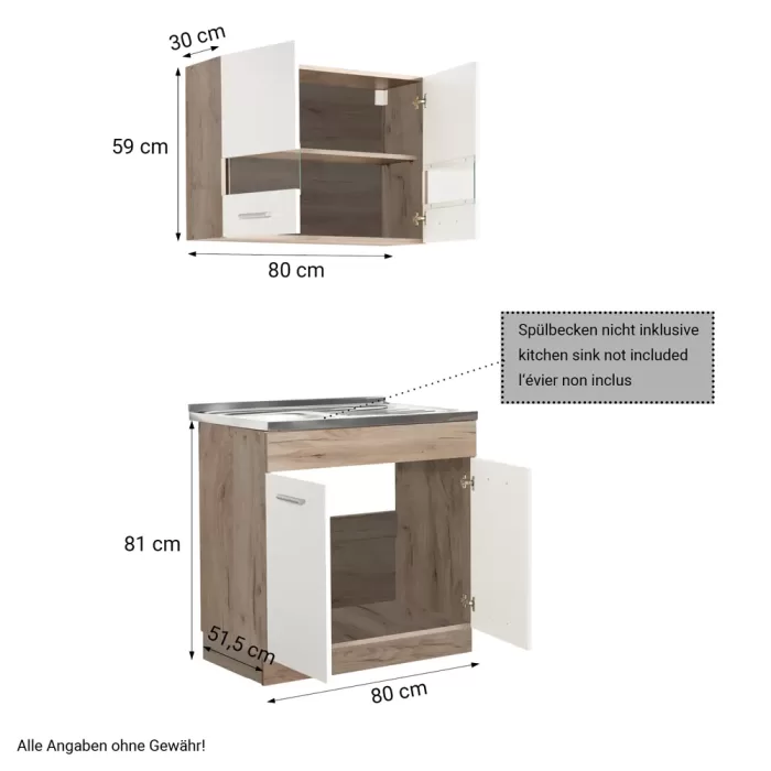 Kücheneinheit 80 cm Breite - Unterschrank und Oberschrank mit einem Glaselement - Farbe: Natur-Weiß