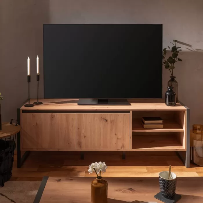 Fernsehschrank 160 cm Breite - TV Lowboard mit Ablagen und zwei Türen – Farbe: Natur Grau