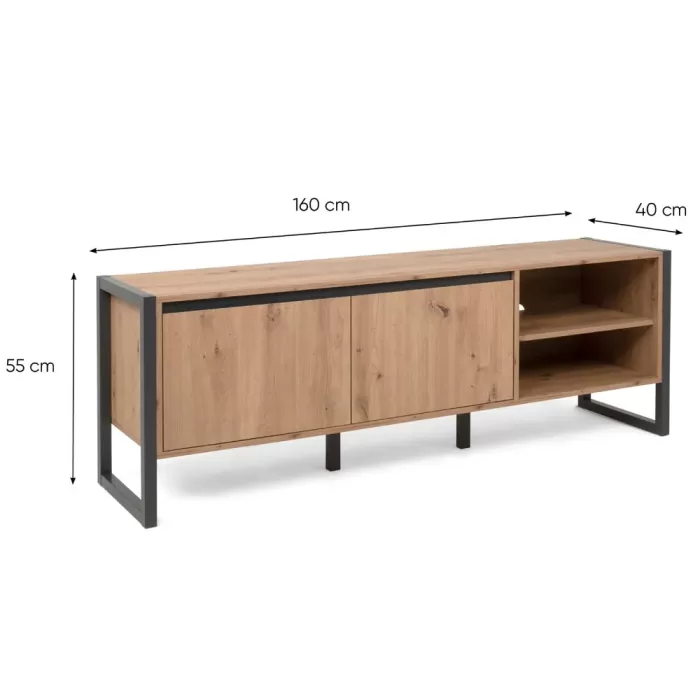 Fernsehschrank 160 cm Breite - TV Lowboard mit Ablagen und zwei Türen – Farbe: Natur Grau