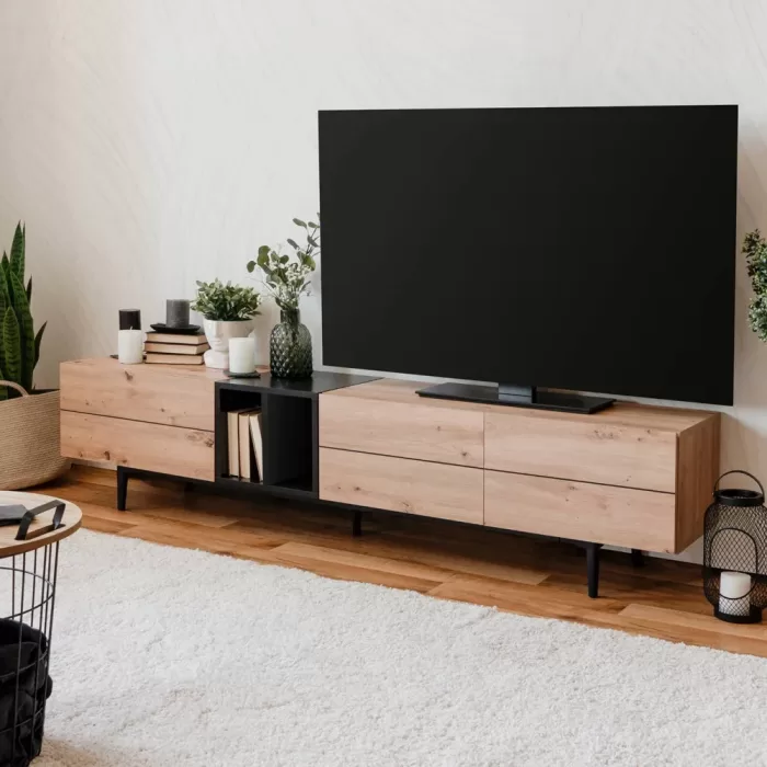 TV Lowboard 195 cm Breite - Fernsehschrank mit drei Klappfächern – Farbe: Natur Schwarz