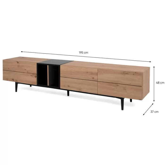 TV Lowboard 195 cm Breite - Fernsehschrank mit drei Klappfächern – Farbe: Natur Schwarz