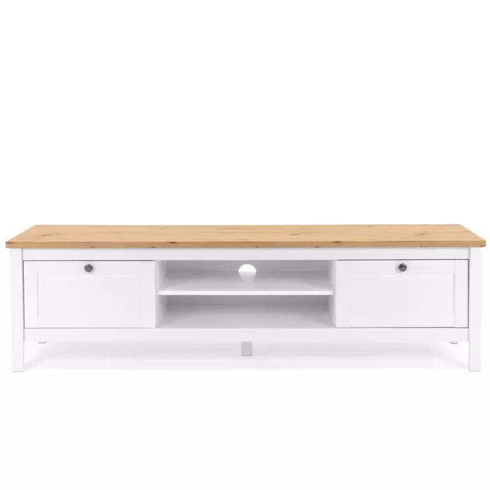 TV Schrank 160 cm Breite - Lowboard mit Ablagen und zwei Schubladen – Farbe: Weiß Natur