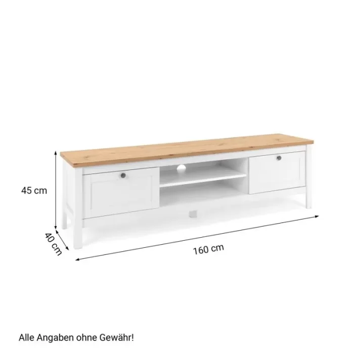 TV Schrank 160 cm Breite - Lowboard mit Ablagen und zwei Schubladen – Farbe: Weiß Natur