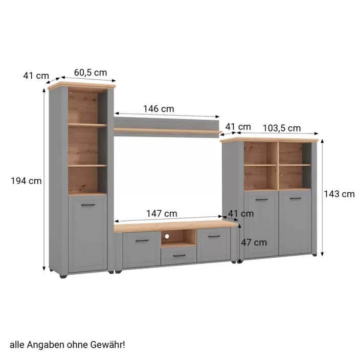 Wohnwand 4-teilig 310 cm Breite - Schrankwand mit vier Möbelstücken – Farbe: Natur Grau