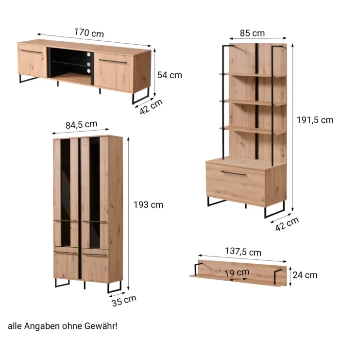 Wohnwand Industrial 4-teilig 340 cm Breite - Schrankwand im Set mit vier Modulen – Farbe: Natur Schwarz