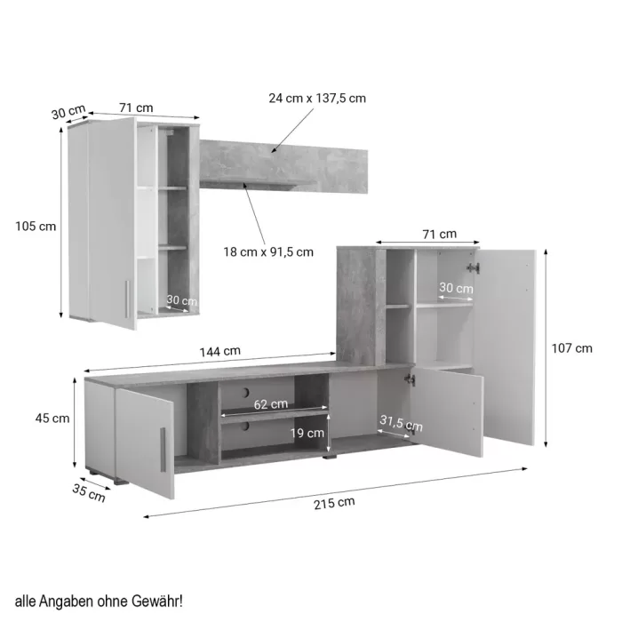 Wohnwand 3-teilig 215 cm Breite - Regalwand im Set in Betonoptik – Farbe: Weiß Grau