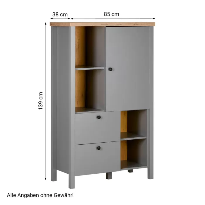 Hochschrank 85 cm Breite - Grafitgraue Anrichte mit Schubladen und heller Oberflächenplatte – Farbe: Grau Natur