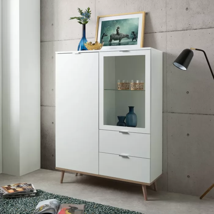 Hochschrank 100 cm Breite - Kommode mit Glaselement und zwei Schubladen - Farbe: Weiß Natur