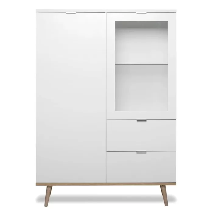 Hochschrank 100 cm Breite - Kommode mit Glaselement und zwei Schubladen - Farbe: Weiß Natur