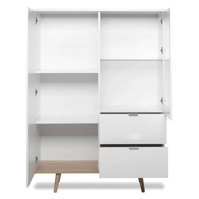 Hochschrank 100 cm Breite - Kommode mit Glaselement und zwei Schubladen - Farbe: Weiß Natur