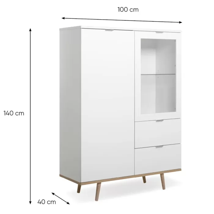 Hochschrank 100 cm Breite - Kommode mit Glaselement und zwei Schubladen - Farbe: Weiß Natur