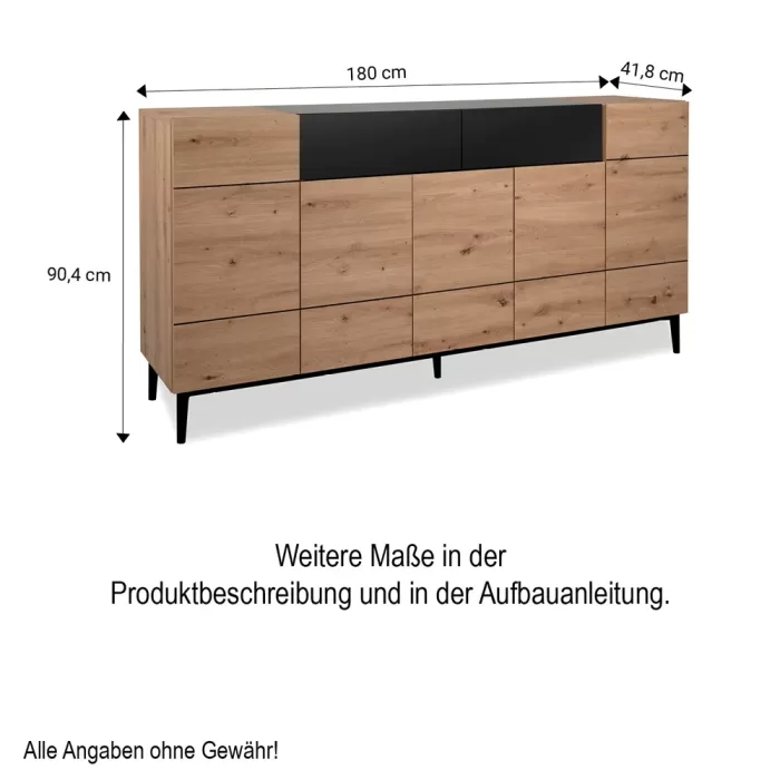 Anrichte Industrial 180 cm Breite - Kommode mit Schublade und fünf Schranktüren - Farbe: Natur Schwarz