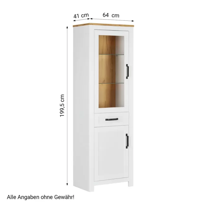 Hochschrank 64 cm Breite - Vitrine mit Schranktür aus Glas und heller Oberflächenplatte – Farbe: Weiß Natur