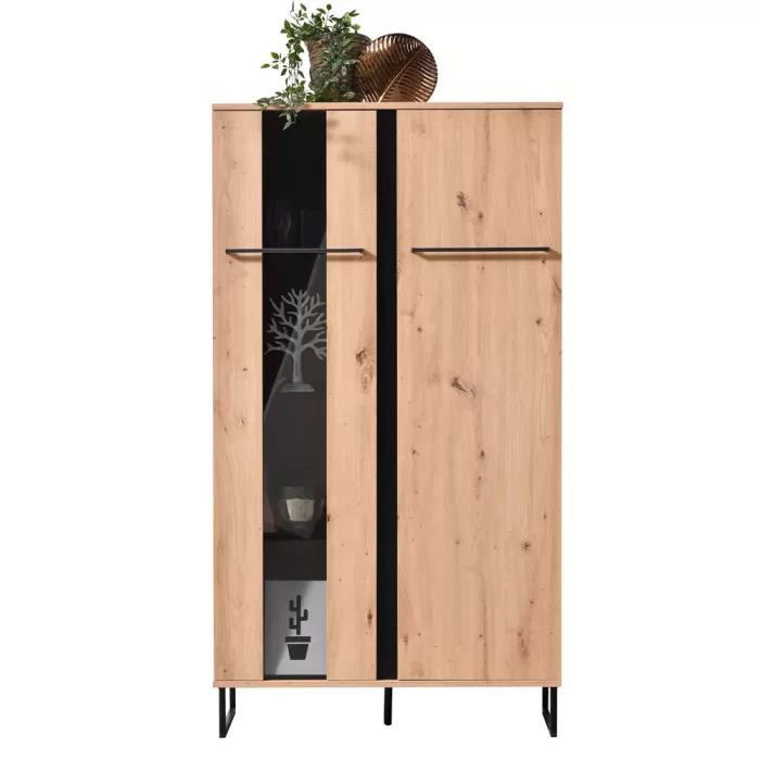 Vitrine 85 cm Breite Industrial Style - Hochschrank mit Glaselement und zwei Türen – Farbe: Natur Schwarz