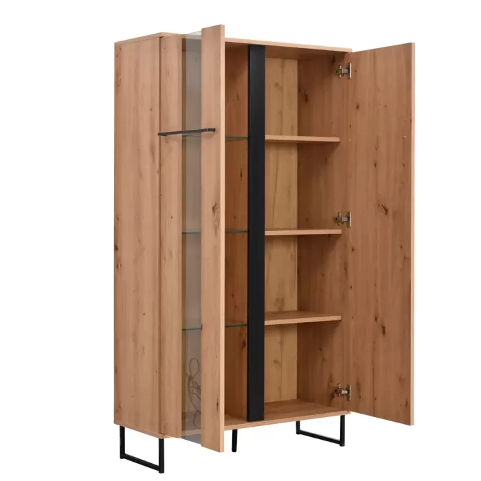 Vitrine 85 cm Breite Industrial Style - Hochschrank mit Glaselement und zwei Türen – Farbe: Natur Schwarz