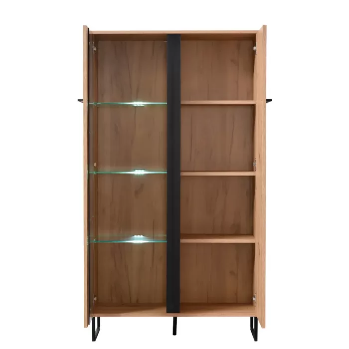 Vitrine 85 cm Breite Industrial Style - Hochschrank mit Glaselement und zwei Türen – Farbe: Natur Schwarz