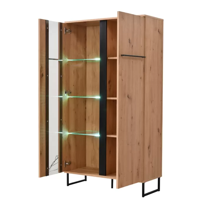 Vitrine 85 cm Breite Industrial Style - Hochschrank mit Glaselement und zwei Türen – Farbe: Natur Schwarz