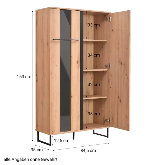 Vitrine 85 cm Breite Industrial Style - Hochschrank mit Glaselement und zwei Türen – Farbe: Natur Schwarz