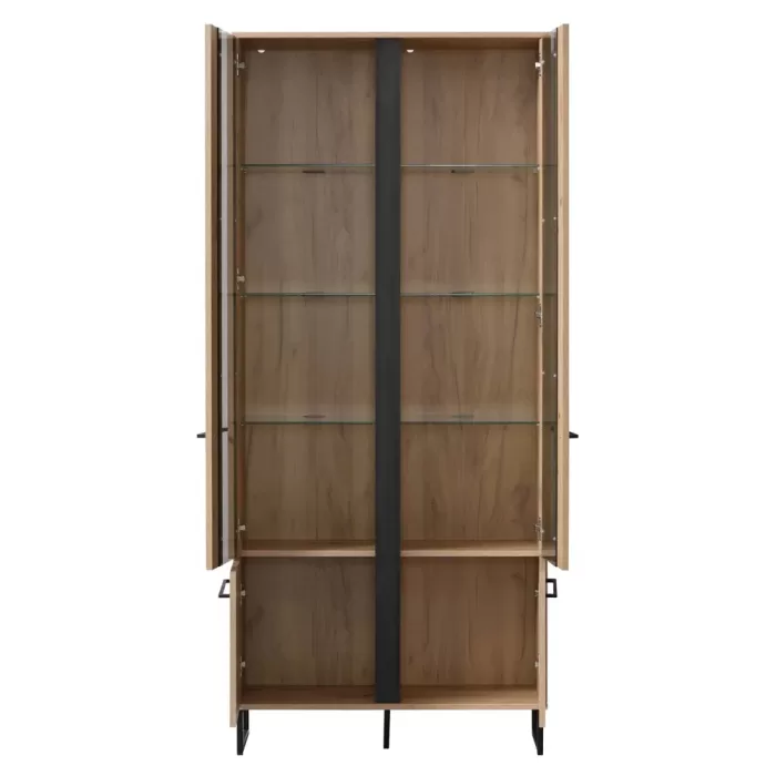 Vitrine 85 cm Breite Industrial Style - Hochschrank mit Schrankfronten mit Glaselementen – Farbe: Natur Schwarz