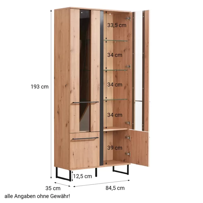 Vitrine 85 cm Breite Industrial Style - Hochschrank mit Schrankfronten mit Glaselementen – Farbe: Natur Schwarz