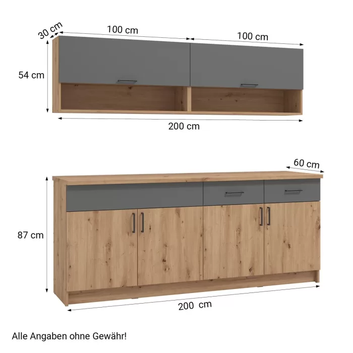 Modulküche 200 cm Breite – Oberschrank Zeile und Unterschrank Reihe – Farbe: Natur Grau