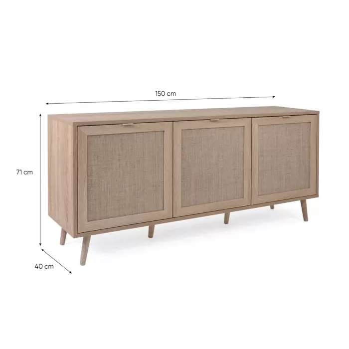 Kommode 150 cm Breite - Sideboard Boho Style mit drei Schranktüren und Holzbeinen - Farbe: Braun Natur