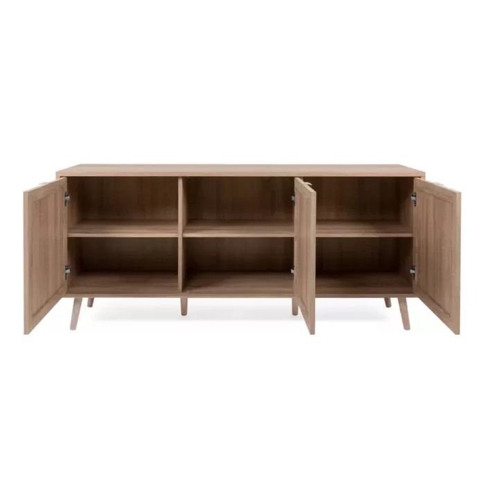 Kommode 150 cm Breite - Sideboard Boho Style mit drei Schranktüren und Holzbeinen - Farbe: Braun Natur