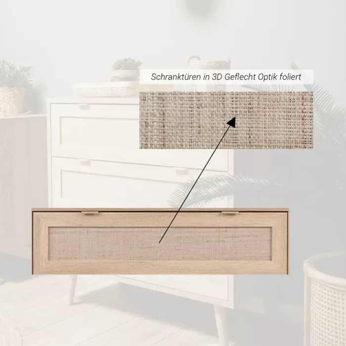 Kommode 80 cm Breite - Anrichte Boho Style mit drei Schubkästen und Holzbeinen - Farbe: Braun Natur