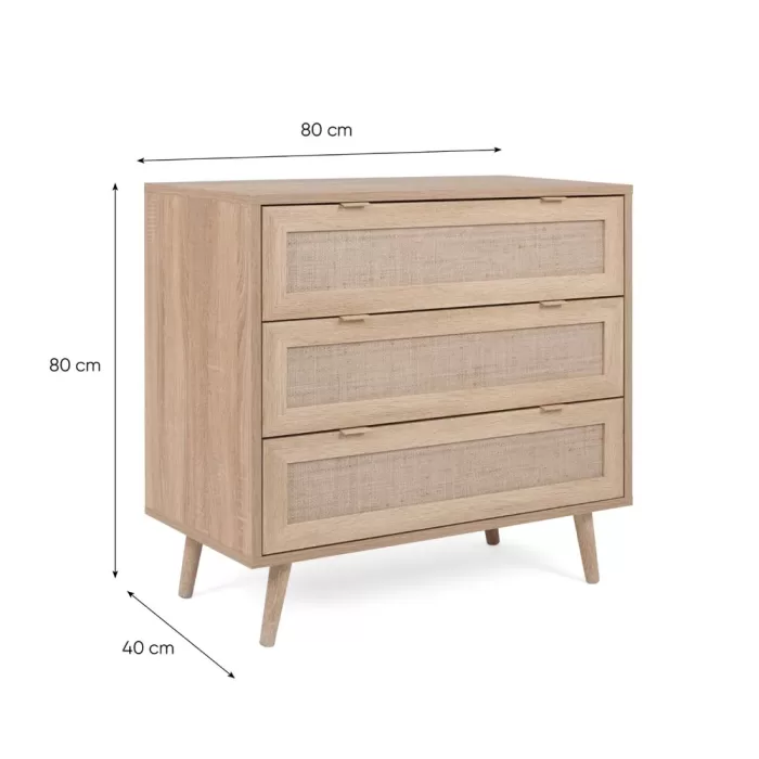 Kommode 80 cm Breite - Anrichte Boho Style mit drei Schubkästen und Holzbeinen - Farbe: Braun Natur