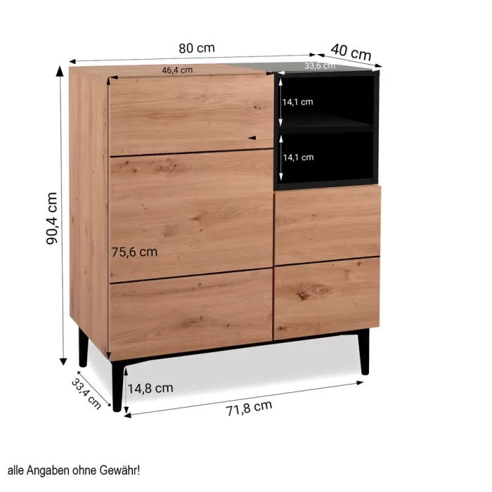 Anrichte Industrial 80 cm Breite - Kommode mit zwei Schranktüren und schwarzem Fach - Farbe: Natur Schwarz