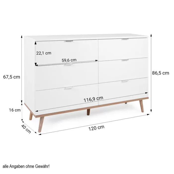 Anrichte 120 cm Breite - Kommode mit sechs Schubladen und heller Unterbodenplatte - Farbe: Weiß Natur