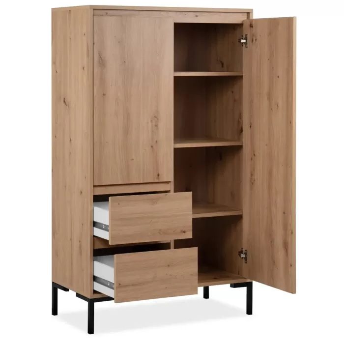 Hochschrank 81 cm Breite - Highboard Industrial mit Schubkästen und schwarzen Metallbeinen - Farbe: Natur