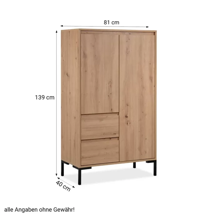 Hochschrank 81 cm Breite - Highboard Industrial mit Schubkästen und schwarzen Metallbeinen - Farbe: Natur