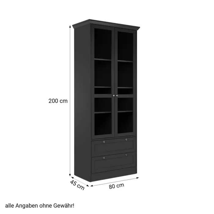 Hochschrank 80 cm Breite - Vitrine mit Schranktüren aus Glas und zwei Schubladen – Farbe: Anthrazit