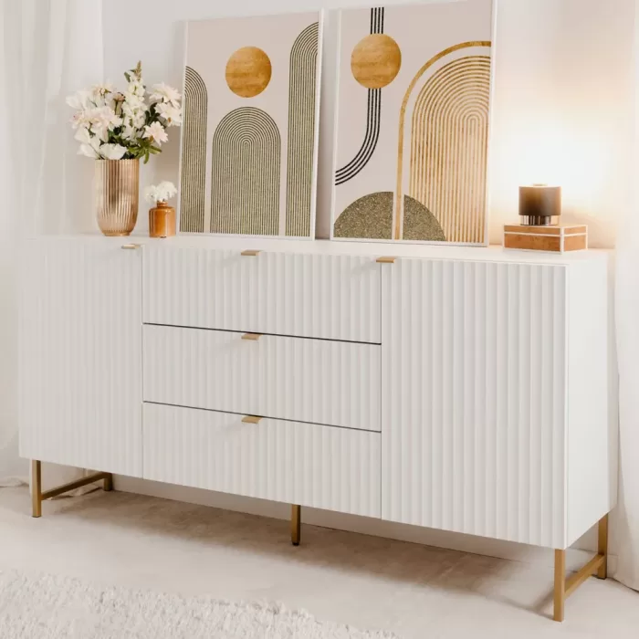 Kommode 179 cm Breite - Sideboard in Wellenoptik mit Metallfüßen und drei Schubladen - Farbe: Weiß Gold