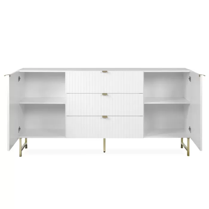 Kommode 179 cm Breite - Sideboard in Wellenoptik mit Metallfüßen und drei Schubladen - Farbe: Weiß Gold