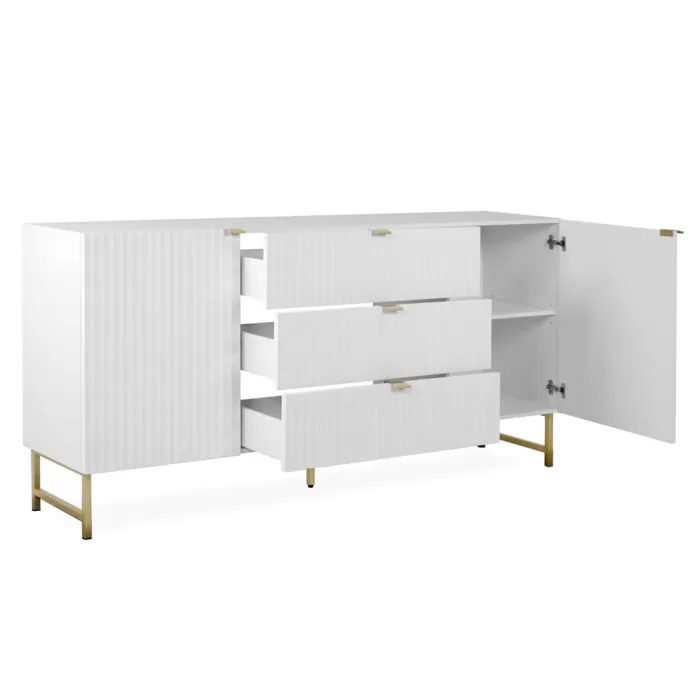 Kommode 179 cm Breite - Sideboard in Wellenoptik mit Metallfüßen und drei Schubladen - Farbe: Weiß Gold